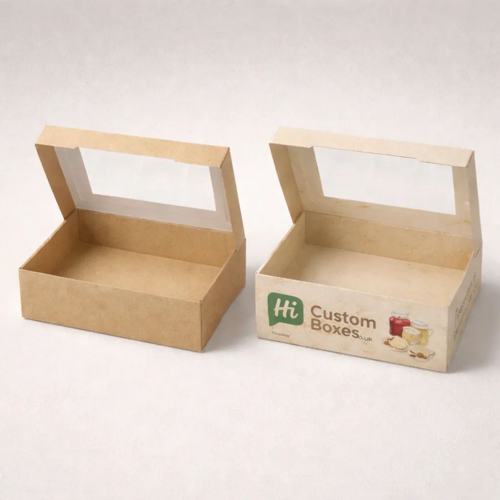 Elegant white and brown scone boxes with large transparent windows to showcase fresh bakery items. class=